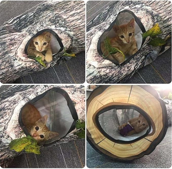 Cat Tunnels Collapsible Pet Tube - Interactive Tree Trunk Cat Activity Play Tunnels with Peek Holes Plush Bell Toys, Pets Puzzle Hunt Chase Training Center for Kitten, Ferret, Small Animals