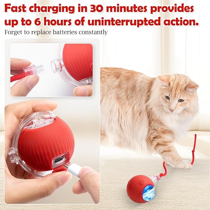 Interactive Cat Toy - Cat Toys for Indoor Cats Smart Silicone Rolling Ball with Tail,Bird Sound,Obstacle Avoidance and Motion Activated,Kitten Puzzle Toys for Bored Indoor Adult Cats & Dogs (Red)