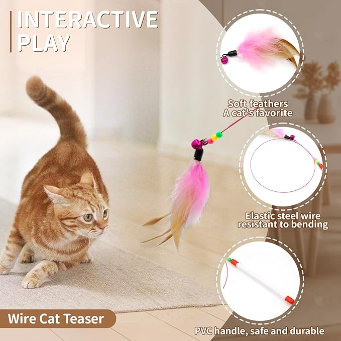 iCAGY Kitten Toys, Cat Toys, 25 Assorted Cat Stuff Toys Pack Including Crinkle Tunnel Ball Wand Teaser Feather Mouse Mice Spring Assortment kit for Cats Kittens Rabbits Puppies Rainbow