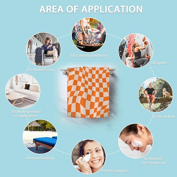 Retro Chess Board Hand Towels Set of 2,Orange Checker Soft Fingertip Bath Towel Small Face Washcloths Decor Kitchen Towel for Hotel Spa Gym Sport 28x14in