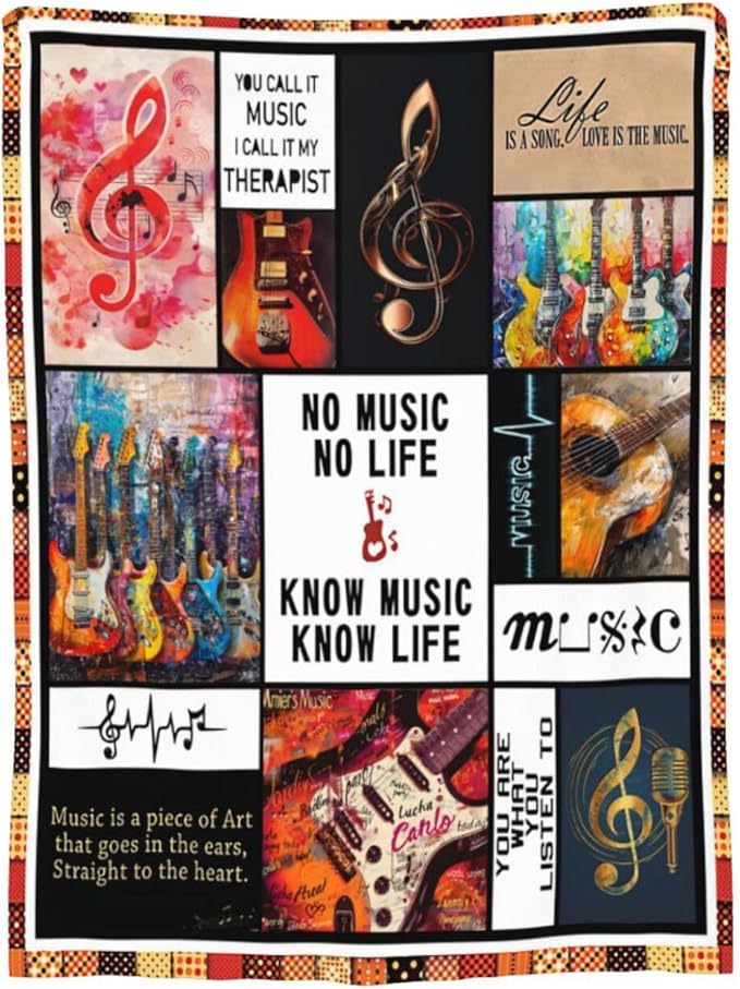Retro Guitar Blanket for Woman Musical Instrument Guitar Throw Blanket Music Notes Decor Stuff Merch Cozy Fuzzy Warm Soft Plush Flannel Lightweight Bedding Guitar Gifts for Girls Kids Couchs 50"X40"