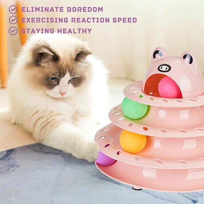 Gefryco Cat Toys Roller Track for Indoor Cats, Turntable 4-Tier Cat Tower Toy with Colorful Chase Balls, Multi-Level Fun Interactive Cat Toys, Puzzle Kitten Exercise Toys Self Play(Pink)