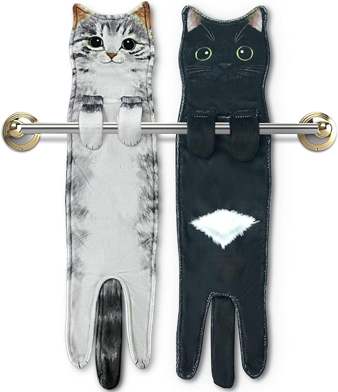 PAT JUUMG Funny Cat Hand Towels for Bathroom Kitchen Decor, Cute Decorative Hanging Face Towels, Super Absorbent Soft, Housewarming Gift, Cat Lovers Gifts for Women (2 Pack)