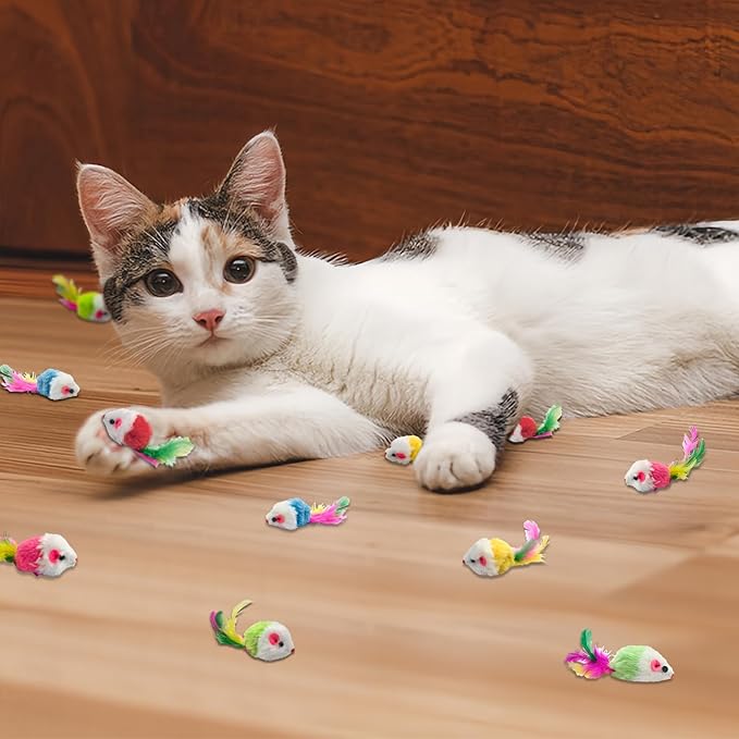 Andiker 12Pcs Cat Mouse Toy for Indoor Cats, 3.93'' Colorful Cat Mice Toy in Random Colors with Feather Realistic Mice Toys for Cat Cute Cat Plush Mouse Toy for Cat to Catch Play (Mix Color)