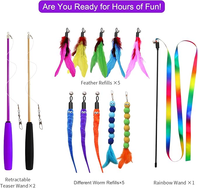 Cat Toys, 2PCS Retractable Cat Feather Toys, 10PCS Replacement Teaser Refill, 1PC Rainbow Ribbon Wand Interactive Kitten Toys for Indoor Cat Make Exercise