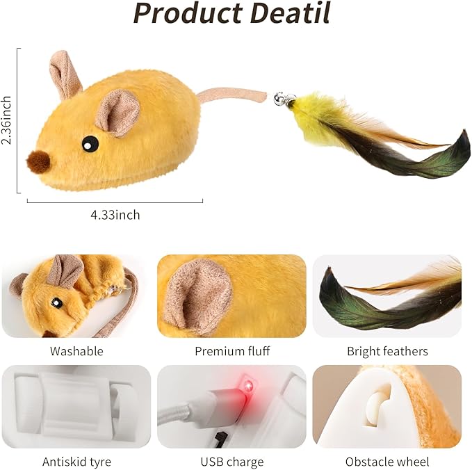 Interactive Cat Toys Mouse for Indoor Cats Rechargeable LED Cat Mouse Toy Feather Bell Tail Lifelike Electric Automatic Moving Mouse Cat Toy for All Breeds Cat Boredom Exercise-Yellow