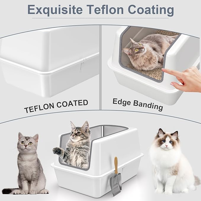 All Stainless Steel Teflon Coated Cat Litter Box with Lid,Extra Large Enclosed Litter Box with High Sides Cover,XL Metal Litter Boxes for Big&Multiple Kitty,Anti Leakage,Easy Cleaning,Metal Scoop