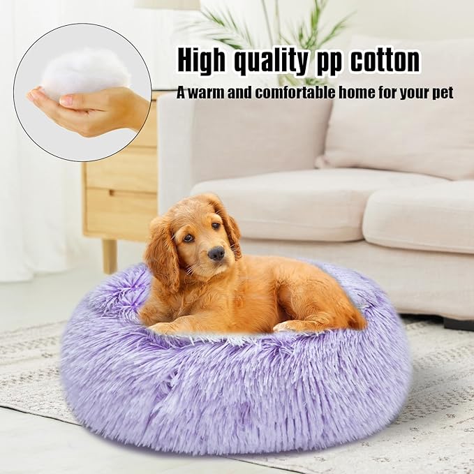 Calming Dog Beds & Cat Cave Bed with Hooded Cover,Washable Round Beds for Small Medium Pets,Anti-Slip Faux Fur Fluffy Coved Bed,Comfortable Warming Pet Bed(20 * 20inch,Purple)