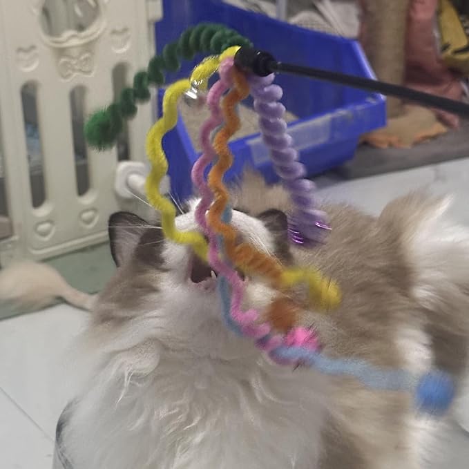 IUHKBH Cat Wands, 3 PCS Cute Cat Teaser Toy with Colorful Spring and Soft Ball Interactive Cat Toys with Bell for Cat and Kitten