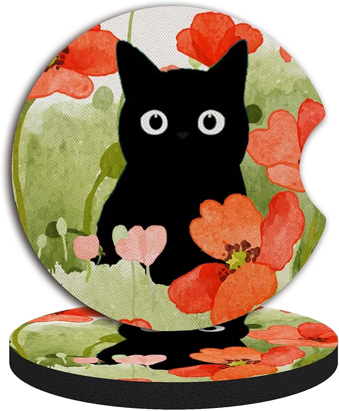 Car Coasters for Cup Holders,Balck Cat Cute Car Assecories for Women,Pack of 2 Cup Holder Coasters for Car,2.75" Anti Slip Rubber Car Cup Mat with A Finger Notch.