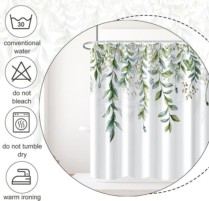AWERT Green Mixed Light Blue Plant Stall Shower Curtain with 6 Hooks Sage Green Shower Curtain for Bathroom Waterproof Fabric 36x72 inch