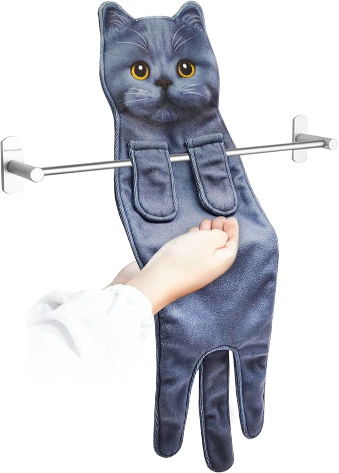 PAT JUUMG Funny Hand Towels for Bathroom Kitchen Decor, Cute Decorative Hanging Face Towels, Super Absorbent Soft, Housewarming Gift, Cat Lovers Gifts for Women (Blue Cat)