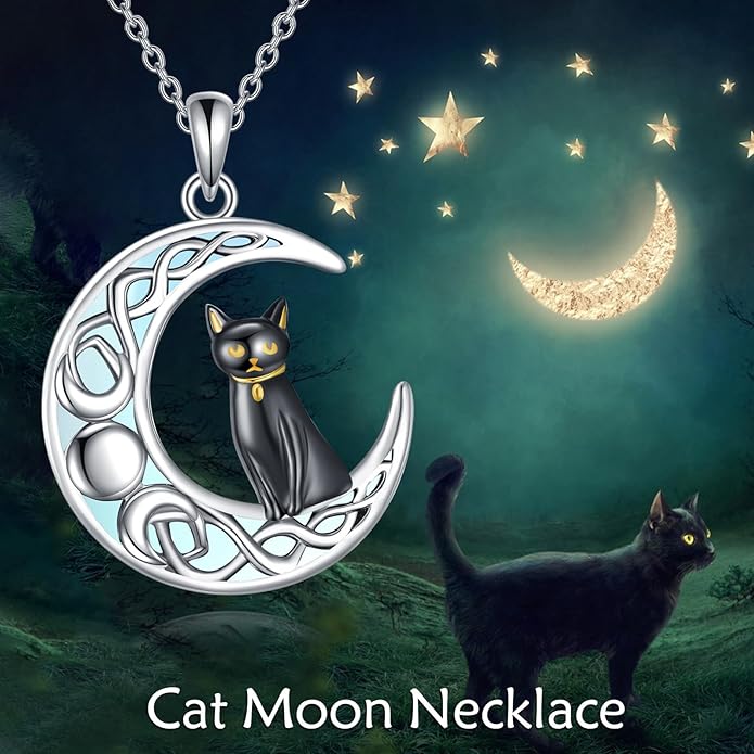 Black Cat Necklace Moonstone Sterling Silver Cats Moon Necklace Gothic Witch Black Cat Jewelry Gifts for Cat Lovers Women