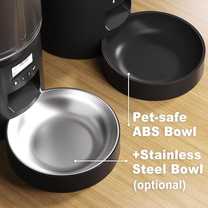 Automatic Cat Feeder Flexible Schedule Timer,6 Meals/Day,1-12 Portions/Meal,Dual Power Auto Feeder Dry Food Dispenser,10S Voice Record,for Cats & Small Dogs (Black,5.2L Stainless Steel Bowl)