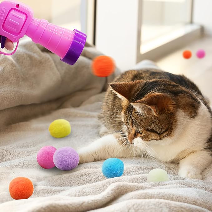 Andiker Cat Toy Balls Set, 30pcs Plush Cat Pom Pom Balls&a Plastic Launcher Set for Cat Catch&Fetch Interactive Cat Toy with Colorful&Soft Cat Balls for Indoor Cats to Keep Fit (Pink 100balls)