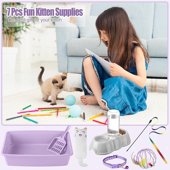 7 Pcs Small Cat Kitten Starter Kit Cat Litter Box with Shovel Cat Paw Litter Mat Double Automatic Cat Bowls Cat Toy Teaser Stick Cat Collar Essentials Kits for 1-3 Lbs Beginner (Purple,Simple)