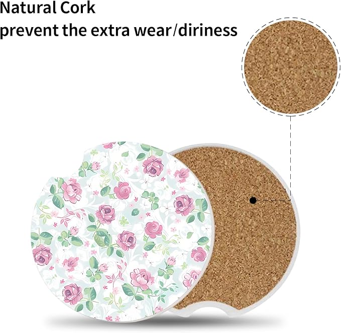 Car Coasters for Drinks Absorbent,2 Pack Cup Holders,2.56" Ceramic Stone & Non-Scratch Cork Base Coasters,Auto Accessories for Women & Men(Pink Flowers).
