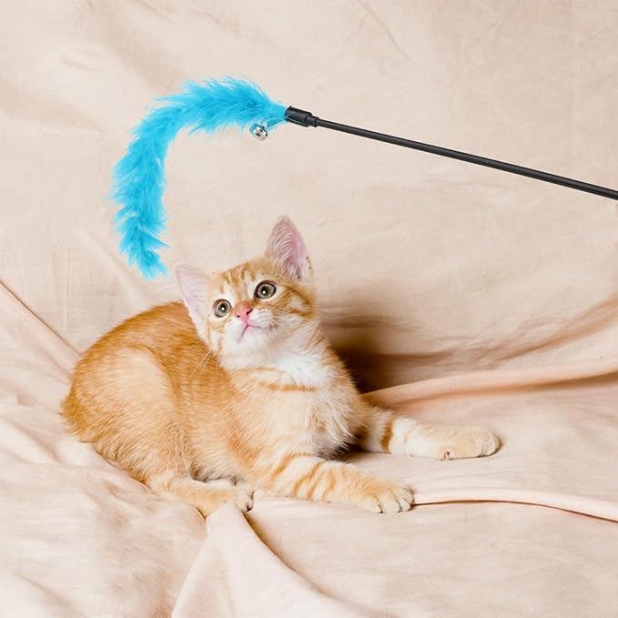 Hypeety Interactive Cat Toys Feather Wand Teaser Cat Wand Feather Rod with Bells for Indoor Cat Kitten Fun Interactive Toys 2pcs (Random Color)