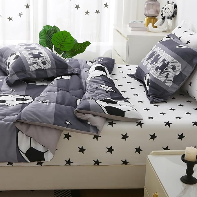 Boys Sports 7 Piece Soccer Comforter Set Full Size 3D Football Playground Bedding Set for Kids Bed Set Gray(Comforter,Flat Sheet,Fitted Sheet and Pillow Sham)
