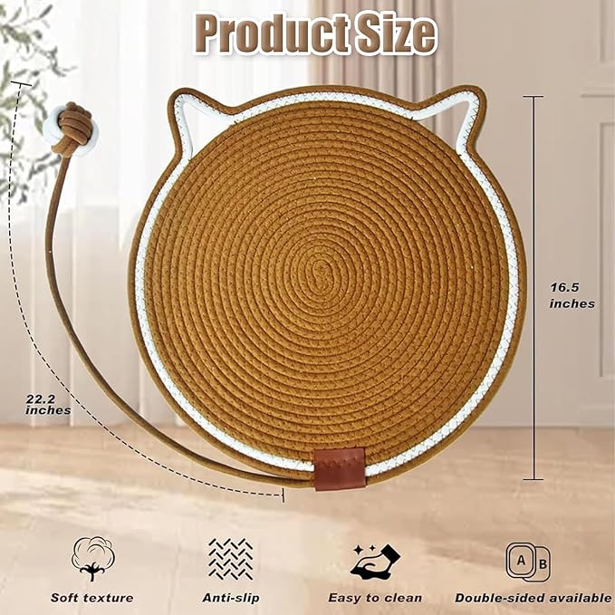 Celery Pets Dual Scratching Pad,Natural Cotton Rope Cat Scratching Pad Mat,Hand-Woven Without Debris Scratching Pads,Pets Dual Scratching Pad with Cat Toy(Caramel,17in)