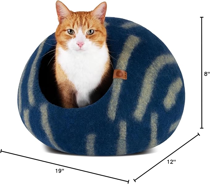 MEOWFIA Cat Cave – Premium Felt Cat Bed for Indoor Cats, Handmade 100% Merino Wool (Vivid Shades) (Large, Deep Azure)