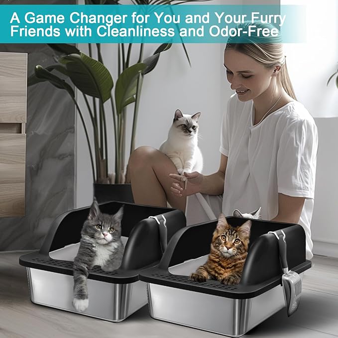 2 Pack Stainless Steel Litter Box with Lid, 24'' x 16'' x 12'' Extra Large Litter Boxes for Big Cats, XL Metal Cat Litter Box with High Sided, Enclosed Cat Litter Boxes with Litter Scoop