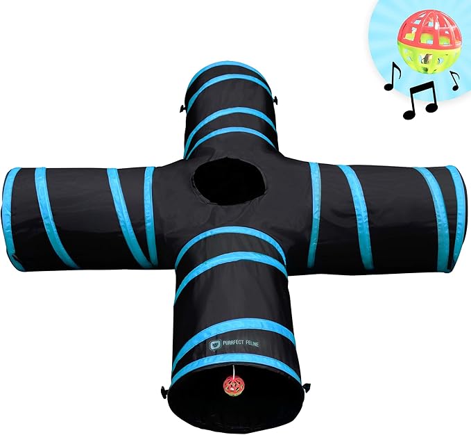 Purrfect Feline - 4 Way Cat Tunnel and Crinkle Cat Toy - Interactive Cat Toy with Cat Ball - Cat Supplies for Indoor Cats - Suitable for Ferrets, Rabbits or Small Dogs - Light Blue - L