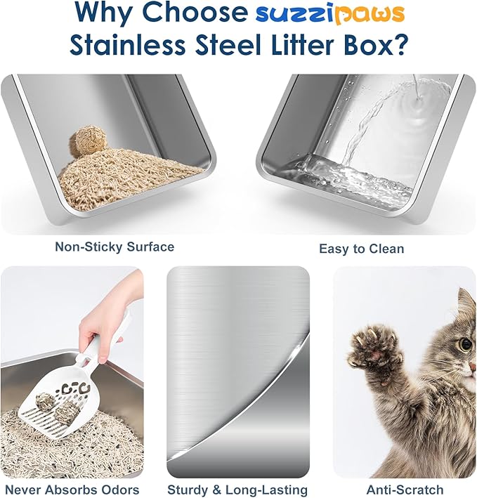 8" Deep Stainless Steel Litter Box with Lid, Top Entry Litter Box for Dog-Proof, Covered Cat Litter Box with Filter Footboard & Scoop, Odor Control, Anti-Leakage, Non-Sticky, Easy Cleaning (Ivory)