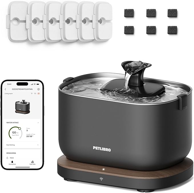 Bundle of PETLIBRO App Cat Water Fountain, 2.5L/84oz Dockstream Pet Fountain for Cats Inside with 2.4GHz Wi-Fi + PETLIBRO 6 Pack Replacement Filters for Dockstream Cat Water Fountain