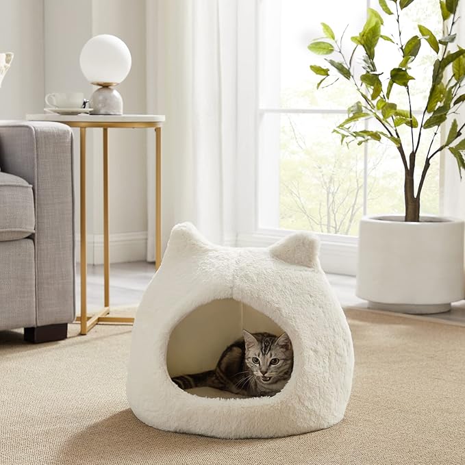 Best Friends by Sheri Meow Hut in Fur Cover Dome Cat and Dog Bed, Ivory, Small