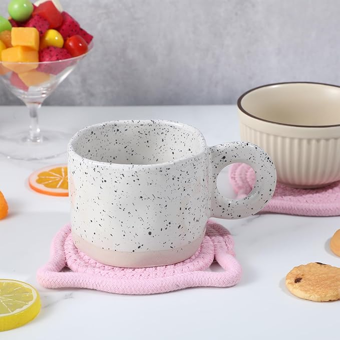 2Pcs Pink Cute Coasters for Desk, Cat Ear Shaped Coasters for Office Hot Tea Drink Juice, Handmade Fabric Table Protect Wooden Table Coffee Bar Decor