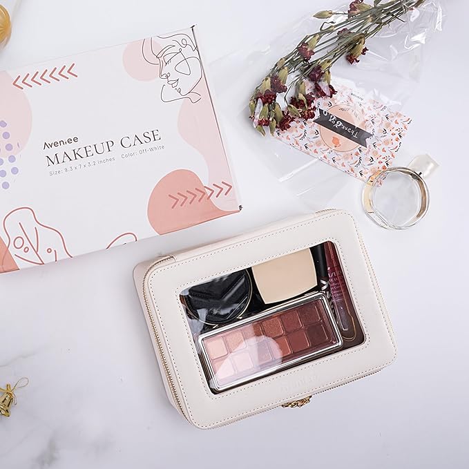 Aveniee Clear Makeup Bag Organizer, Portable Travel Toiletry Cosmetic Bag Case for Women, Heavy Duty Vegan Leather Make Up Pouch with Transparent Vinyl Windows & Gold Zippers 2pcs(Beige)