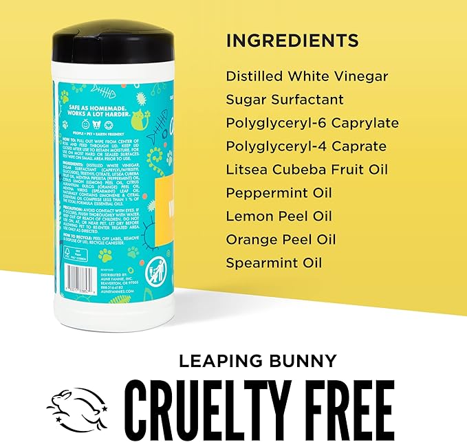 Aunt Fannie's Vinegar Cat Cleaning Wipes for Cat Odors and Messes, Multipurpose Surface Cleaner for Cat & Kitten Homes, Bright Lemon Scent, 35 Count (Pack of 1)