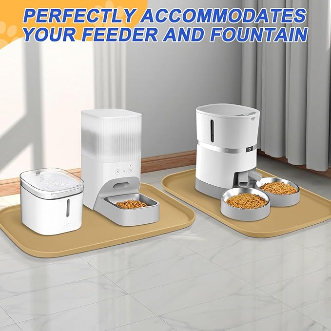 Silicone Pet Feeding Mat with Raised Edge for Food and Water, Dog Bowl Mats, Cat Bowls Placemat with High Lip for Floor Waterproof, Rubber Tray for Cats and Dogs 24 x 16 x0.8 Beige