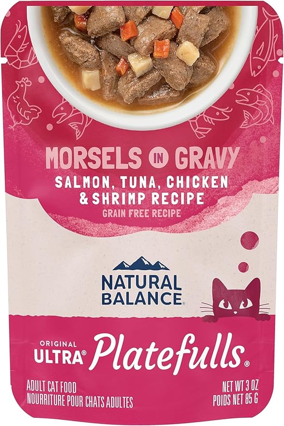 Natural Balance Original Ultra Platefulls Indoor Adult Grain Free Wet Cat Food, Salmon, Tune, Chicken & Shrimp Recipe, 3 Ounce Pouch (Pack of 24)
