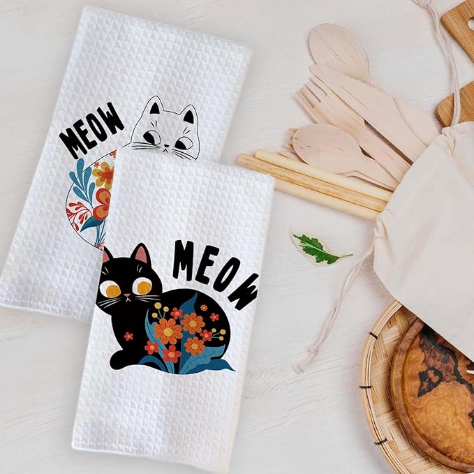 Cute Cat Kitchen Dish Towels Set of 2 Black and White Cat Kitchen Accessories Cat Lover Gifts for Women Cute Boho Towels Decorative Set for Kitchen & Bathroom 16×24 Inch