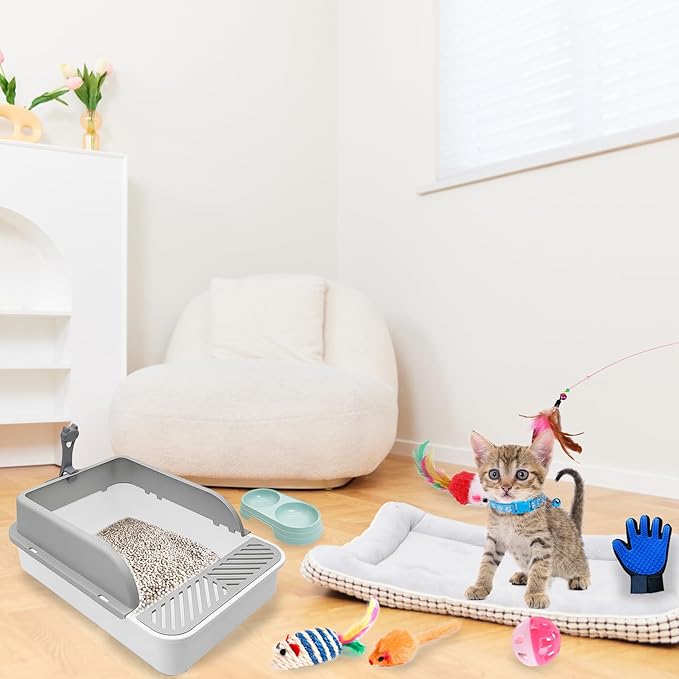 BNOSDM Sifting Litter Box Open Cat Litter Box with High Sides Detachable Kitten Toilet Semi-Enclosed Litter Tray Pan with 16 Piece Kitten Starter Kit for Small Cat Kitty, Grey