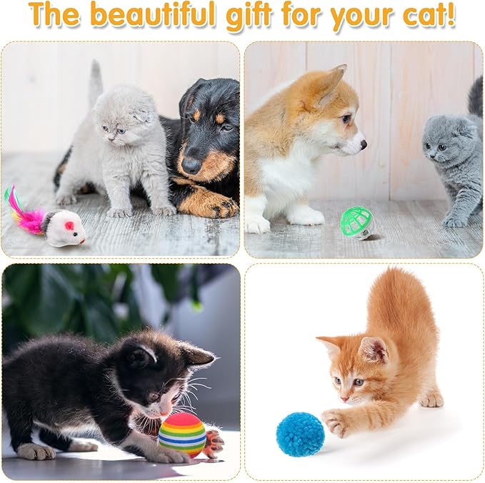 Poen 22pcs Cat Toys Kitten Toys Set with 2 Collapsible Cat Tunnel Toy and 20 Interactive Kitty Toys Cat Feather Toy, Fluffy Mouse, Crinkle Balls, for Cat Kitten Puppy (Rose Red, Black)