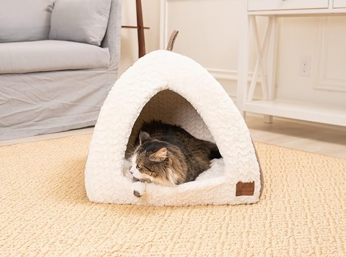 Cat Dog Tent Triangle Bed Removable Cushion Cover Two Way Conversion (Large, Beige Linen)
