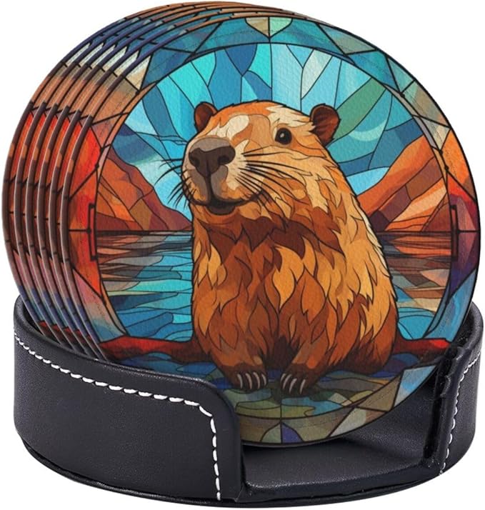 Capybara Drink Coaster Set of 6 With Holder - Leather Coasters for Table/Drinks/Coffee Protection - Housewarming Gift