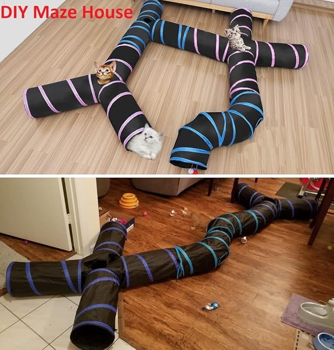 Cat Tunnels, Pet Ferret Rabbit Bunny Tunnels Tubes Subway Habitats, S-Style, DIY Cat Peekaboo Maze House Tent Bed, Kitten Interactive Toy (H Type Tubes)