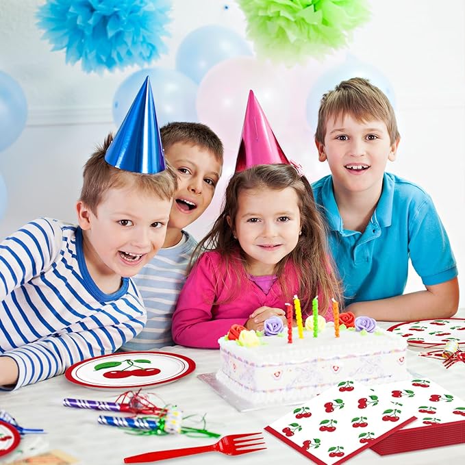 48Pcs Cherry Birthday Decorations Fruit Theme Tableware Set Disposable Plates Napkins Forks Serves 16 Baby Shower Cherry Party Decorations