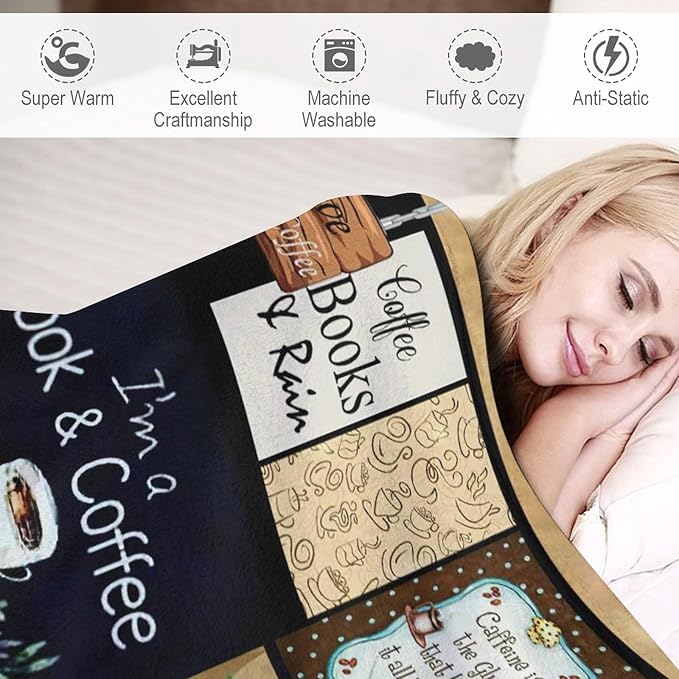 Book and Coffee Print Blanket Coffee Cup Cafe Throw Blankets for Couch Sofa Bed Stuff Decor Lightweight Soft Cozy Fleece Plush Warm Flannel Bedding Blanket Gifts for Girls Boys Kids Adults 60"x80"