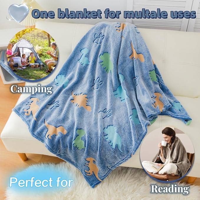 2025 Best Gift Dinosaur Blanket Glow in The Dark Blanket with Storage Bag, Soft Throw Blanket for Boys Girls, Christmas Birthday New Year Gift, Kids Blanket, Day Care Home Use, 50"x60" Blue