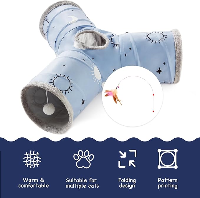 Tempcore Pet Cat Tunnel Tube Cat Toys 3 Way Collapsible, Cat Tunnels for Indoor Cats Fleece-Lined in for Warmth,Kitty Tunnel Bored Cat Pet Toys Peek Hole Toy Ball Cat, Puppy, Kitten, Rabbit Blue Sun