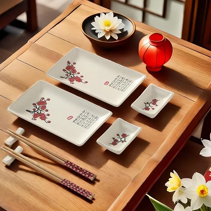 8 pcs Japanese Sushi Plate Sets Serving Platters and Trays for Entertaining Sushi Dishes Set Plates Sushi Plates Traditional Cuisine Dinnerware Sets with Chopsticks Red Plum Blossom