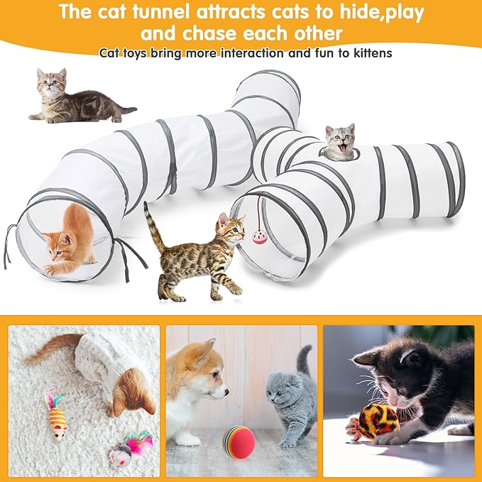 Poen 22pcs Cat Toys Kitten Toys Set with 2 Collapsible Cat Tunnel Toy and 20 Interactive Kitty Toys Cat Feather Toy, Fluffy Mouse, Crinkle Balls, for Cat Kitten Puppy (White)