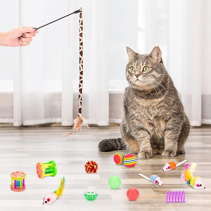 Retro Shaw Cat Toys Set 33 PCS, Interactive Cat Kitten Toys for Indoor Cats Kitty with Collapsible Cat Play Tunnel Tube Tent Cat Feather Wand Teaser Cat Bell Fuzzy Ball Springs Mouse Toys