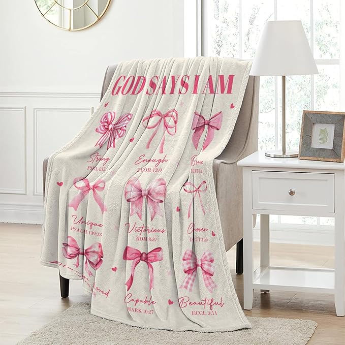 Christian Gifts for Women, God Says I Am Throw Blanket 80"X60", Inspirational Religious Birthday Gifts for Coquette Pink Bow Bible Verse Blanket, Christian Faith Jesus God Prayer Gift for Christmas