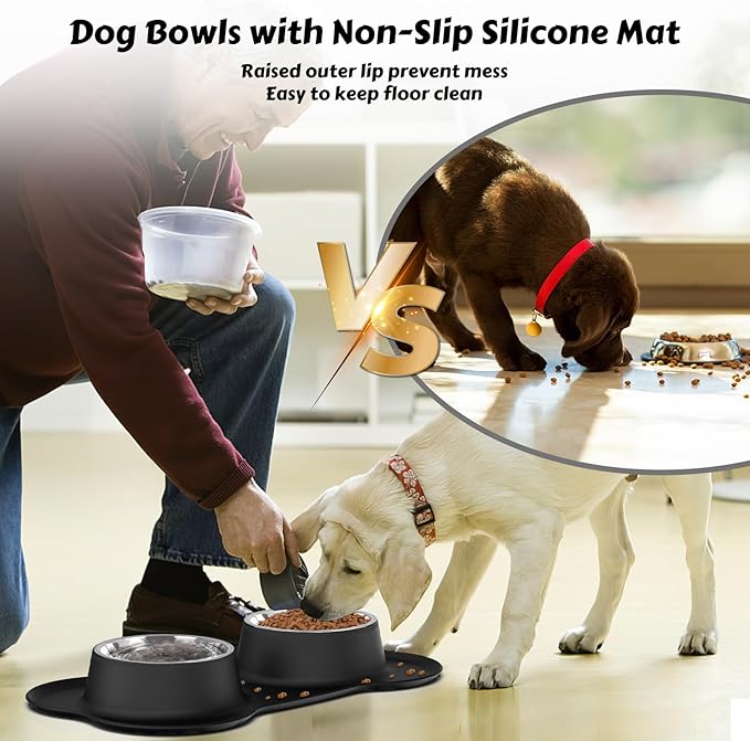 AsFrost Dog Food Bowls Stainless Steel Pet Bowls & Dog Water Bowls with No-Spill and Non-Skid, Feeder Bowls with Dog Bowl Mat for Small Medium Large Size Dogs Cats Puppy Pets, Dog Dishes, Black, 12oz